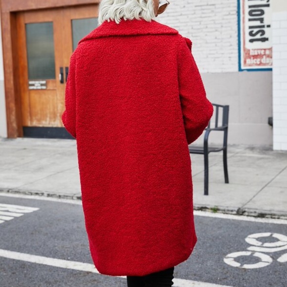 Cozy Red Oversized Teddy Pea Coat Jacket Button up Luxe - Picture 10 of 13